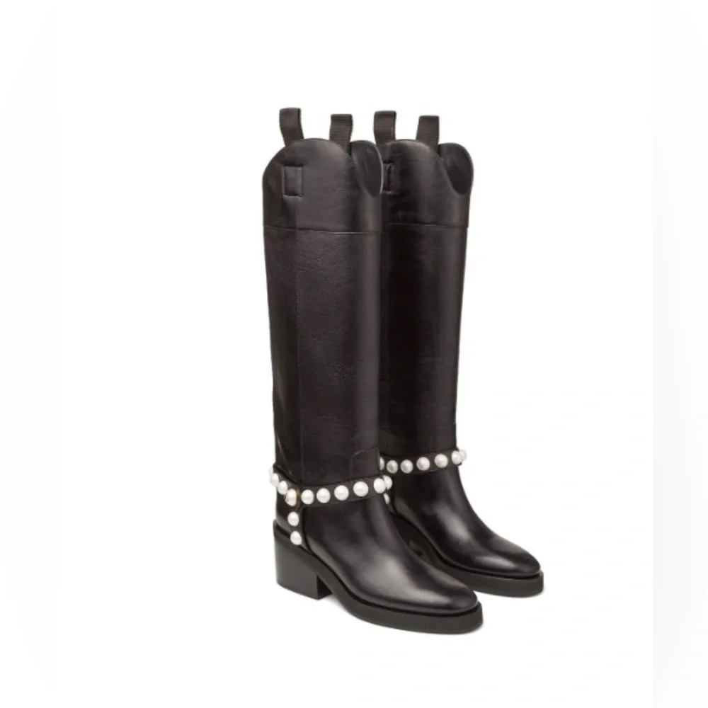 Jimmy Choo Tonya 70 leather boots. Note one pearl is off(refer to the picture)
